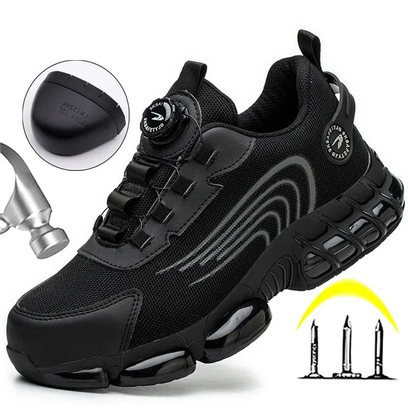 Safety and protection shoes with rotating button lace