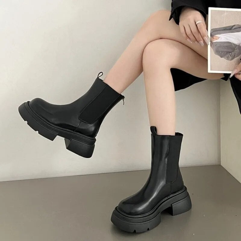 Women's Black Waterproof Faux Leather Flat Heel Ankle Boots